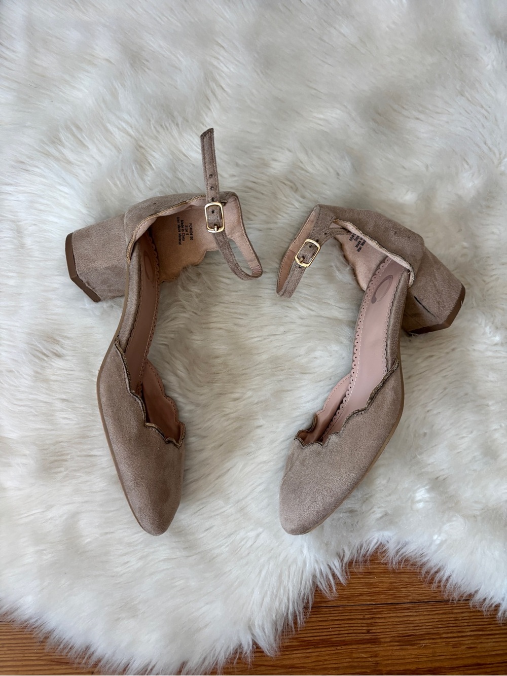 Scalloped Faux Suede Tan Ankle Strap Heels
